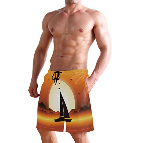 Sunset River Boat Orange S Mens Swim Trunks Shorts Quick Dry Board con forro de malla Color-1 M