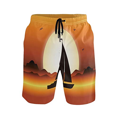 Sunset River Boat Orange S Mens Swim Trunks Shorts Quick Dry Board con forro de malla Color-1 M