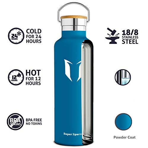 Super Sparrow Botella de Agua aislada al vacío de Acero Inoxidable, diseño de Pared Doble, Boca estándar - 750ml - Eco Friendly & BPA Gratis - para Correr, Gimnasio, Yoga, Ciclismo