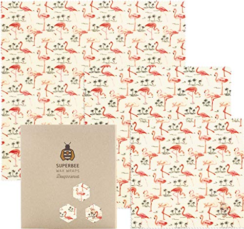 SuperBee Envoltorio de cera de abeja | Set de 3 tamaños: Pequeño , Mediano y Grande | Flamencos| Reutilizable, Eco Friendly, Zero Waste Film