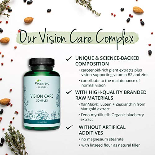 Suplemento para Ojos & Vista Vegavero® | 100% Libre de Aditivos | Luteína + Zeaxantina + Betacaroteno + Vitamina B2 + Citrato de Zinc + Extracto de Arándano y Kaki | 120 Cápsulas | Vegano