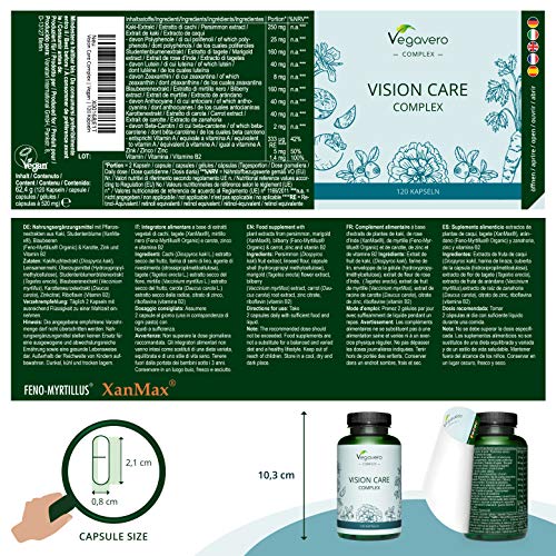 Suplemento para Ojos & Vista Vegavero® | 100% Libre de Aditivos | Luteína + Zeaxantina + Betacaroteno + Vitamina B2 + Citrato de Zinc + Extracto de Arándano y Kaki | 120 Cápsulas | Vegano