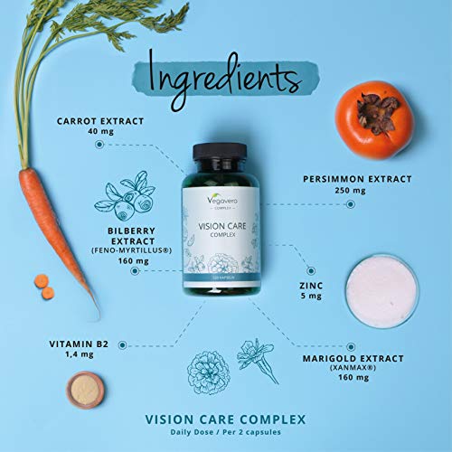 Suplemento para Ojos & Vista Vegavero® | 100% Libre de Aditivos | Luteína + Zeaxantina + Betacaroteno + Vitamina B2 + Citrato de Zinc + Extracto de Arándano y Kaki | 120 Cápsulas | Vegano