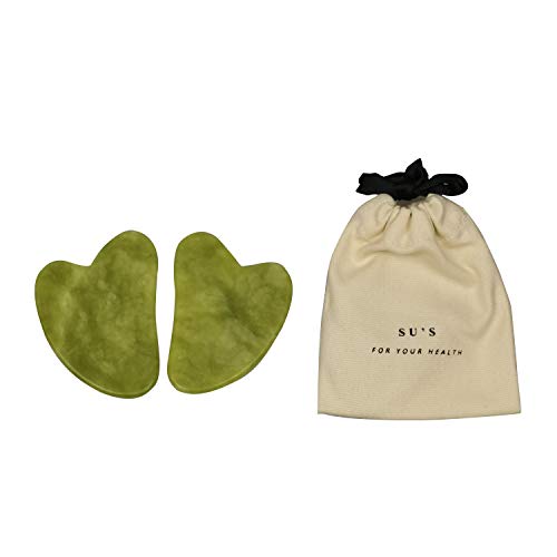 SU’S Pietra di giada naturale Set, Pietre Massaggio, Gua Sha Viso,Solleva il viso e il collo, Drenaggio linfatico，Verde giada