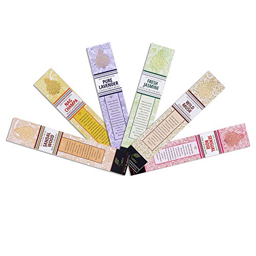 SVATV :: Paleta de Incienso Masala enrollada a Mano, Paquete de 15 g de Fragancia 6 (Nagchampa, sándalo, Lavanda, Rosa, almizcle, jazmín) Hecho en la India