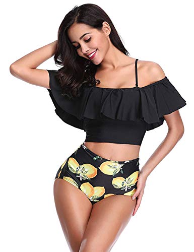 Sykooria Traje de Baño Mujer Bañador Top Flounce Bikini Set Acolchado con Estampado Floral Cintura Alta Push up con Relleno Playa de Verano S-XL