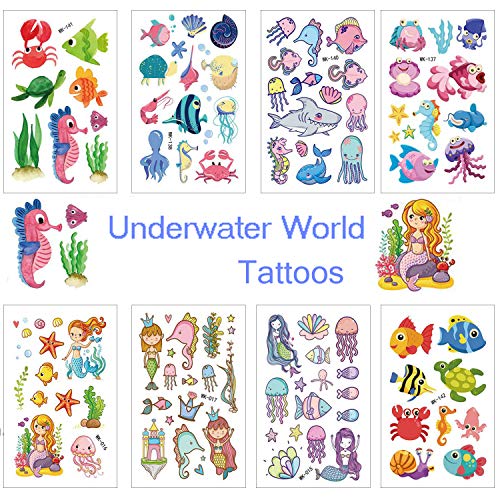SZSMART Tiburón Tatuajes temporales Sirena Tatuajes Falso Tatuaje 20 Hojas Pegatinas para Niños Niñas Infantiles Regalo para Fiesta de Cumpleaños Piñata