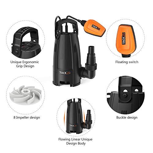 TACKLIFE Bomba Sumergible, Bombas de Aguas Sucias 400W, 9000 L/H, 6M de Inmersión, 5M de Altura de Entrega, 8 Impulsores Potencia, Máx Gránulo 25 mm, Cable de 10M, Interruptor de Flotación GSUP2B