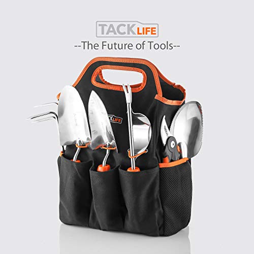 TACKLIFE Herramientas de Jardín Acero Inoxidable, 7 en 1 Herramientas de Jardinería: Bolsa de Transporte, Tijera, Llana, Paleta de Trasplante, Cuchara de Tierra, Extractor de Hierba y Rastrillo GGT4A