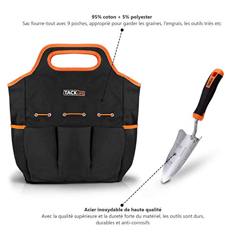TACKLIFE Herramientas de Jardín Acero Inoxidable, 7 en 1 Herramientas de Jardinería: Bolsa de Transporte, Tijera, Llana, Paleta de Trasplante, Cuchara de Tierra, Extractor de Hierba y Rastrillo GGT4A