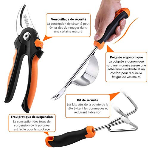 TACKLIFE Herramientas de Jardín Acero Inoxidable, 7 en 1 Herramientas de Jardinería: Bolsa de Transporte, Tijera, Llana, Paleta de Trasplante, Cuchara de Tierra, Extractor de Hierba y Rastrillo GGT4A