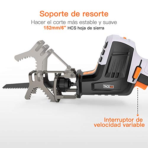 TACKLIFE Sierra Sable, Velocidad Variable, 12V Máxima Batería de Iones de Litio, Indicador de Bateria, 1 Hora Cargador Rápido, Incluye Mordaza de Sujeción, Cuchilla para Madera- RES001
