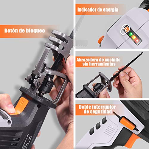 TACKLIFE Sierra Sable, Velocidad Variable, 12V Máxima Batería de Iones de Litio, Indicador de Bateria, 1 Hora Cargador Rápido, Incluye Mordaza de Sujeción, Cuchilla para Madera- RES001