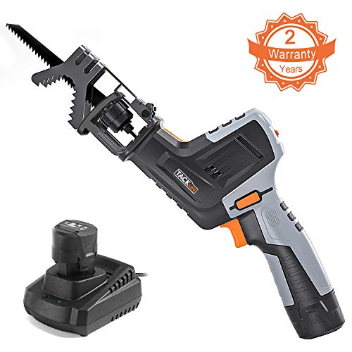 TACKLIFE Sierra Sable, Velocidad Variable, 12V Máxima Batería de Iones de Litio, Indicador de Bateria, 1 Hora Cargador Rápido, Incluye Mordaza de Sujeción, Cuchilla para Madera- RES001