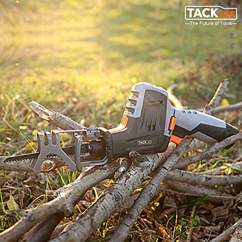 TACKLIFE Sierra Sable, Velocidad Variable, 12V Máxima Batería de Iones de Litio, Indicador de Bateria, 1 Hora Cargador Rápido, Incluye Mordaza de Sujeción, Cuchilla para Madera- RES001