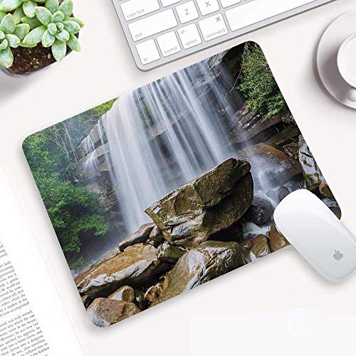 Tapis de Souris de jeu, décor en Cascade, Cascades entourées de roches et d'œuvres végétales exotiques Tropicales, Blanc Vert et Marron, Tapis de Souris imperméable épais Gaming Base fonctionnelle en