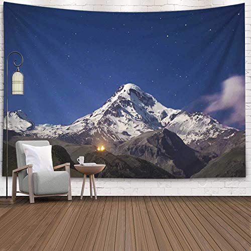 Tapiz de naturaleza, Tapiz Tapiz de Navidad Tapiz de pared de invierno Tapiz de montaña para el dormitorio de la casa Tapiz del dormitorio Pico del monte Kazbek en la noche bajo un cielo Estrellas lle