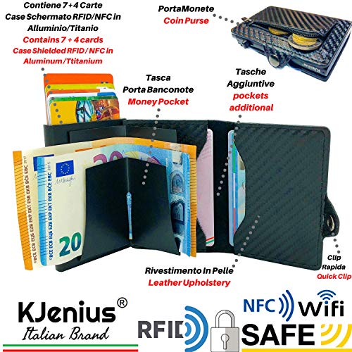 Tarjeteros para Tarjetas De Credito Carteras Hombre Pequeña Protegida En Cuero Y Fibra De Carbono Aluminio Inteligente Protección contra El RFID NFC Cremallera Antifraude Monedero Slim Vertical