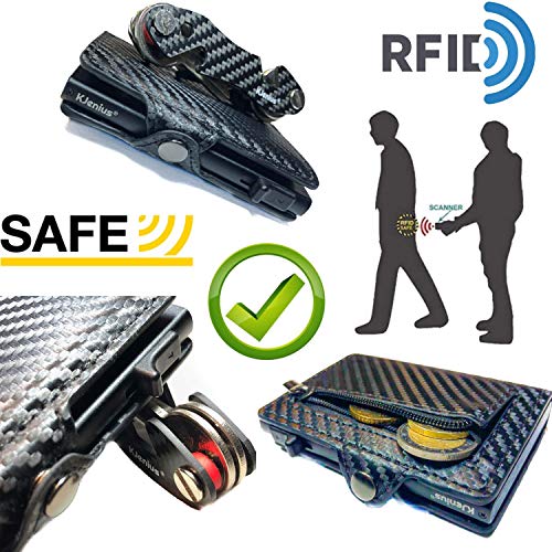 Tarjeteros para Tarjetas De Credito Carteras Hombre Pequeña Protegida En Cuero Y Fibra De Carbono Aluminio Inteligente Protección contra El RFID NFC Cremallera Antifraude Monedero Slim Vertical
