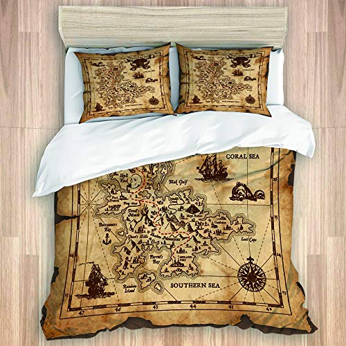 TARTINY Súper detallado Mapa del Tesoro Grungy Rustic Pirates Gold Secret Sea History Theme,Juego de Ropa de Cama con Funda nórdica de Microfibra y 2 Funda de Almohada - 140 x 200 cm