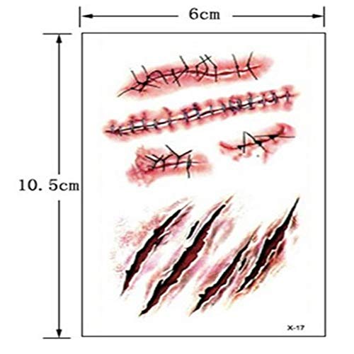 Tatuajes Temporales, MILIER Five Pics Body Stickers, Tatuajes de Zombies, Kit de Maquillaje de Halloween, Tatuaje de Cicatriz, Maquillaje de Sangre Falsa, Cicatrices Falsas, Cortes