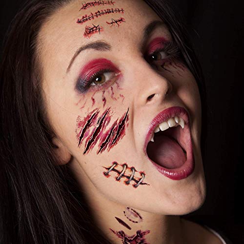 Tatuajes Temporales, MILIER Five Pics Body Stickers, Tatuajes de Zombies, Kit de Maquillaje de Halloween, Tatuaje de Cicatriz, Maquillaje de Sangre Falsa, Cicatrices Falsas, Cortes
