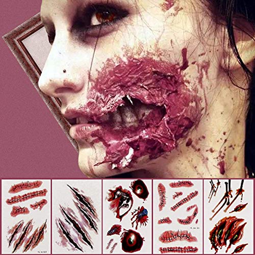 Tatuajes Temporales, MILIER Five Pics Body Stickers, Tatuajes de Zombies, Kit de Maquillaje de Halloween, Tatuaje de Cicatriz, Maquillaje de Sangre Falsa, Cicatrices Falsas, Cortes