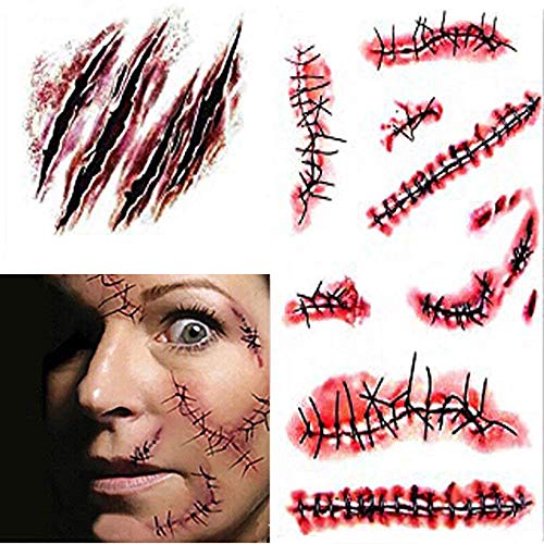 Tatuajes Temporales, MILIER Five Pics Body Stickers, Tatuajes de Zombies, Kit de Maquillaje de Halloween, Tatuaje de Cicatriz, Maquillaje de Sangre Falsa, Cicatrices Falsas, Cortes