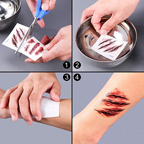 Tatuajes Temporales, MILIER Five Pics Body Stickers, Tatuajes de Zombies, Kit de Maquillaje de Halloween, Tatuaje de Cicatriz, Maquillaje de Sangre Falsa, Cicatrices Falsas, Cortes