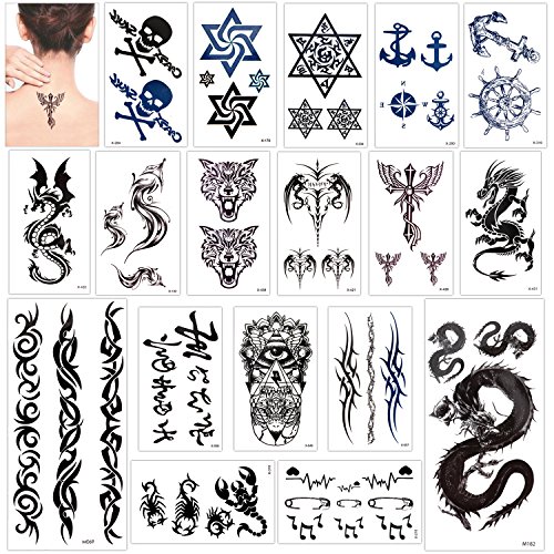 Tatuajes temporales para adultos hombre Mujer Niños (18 Hojas), Konsait Falsos Tatuajes Adhesivos Tatuajes de cuerpo temporales brazo cuello impermeable, Dragón Ancla Ojo Escorpión calaveras Tigre