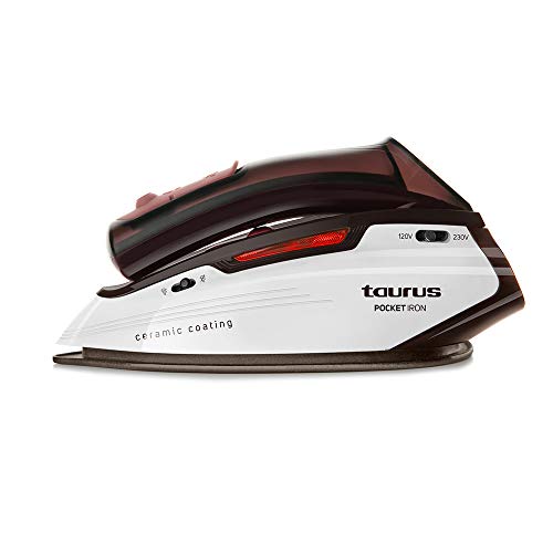 Taurus Pocket Iron Plancha de viaje, 1150 W, diseño mini, ligera, bivoltaje, 45 g/min, cepillo anti olores, bolsa de transporte, Cerámica, Blanco