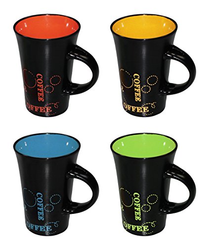 Taza de café de cerámica negra multicolor, tamaño XL, sin cuchara, juego de 4, cerámica, azul, 13 x 9 cm