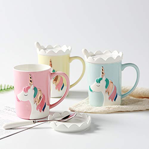 Tazas Lindas Taza de cerámica con Unicornio Taza de café Divertida Personalizado Único Leche Tazas de té con Tapa de Encaje y Cuchara para niños, Mujer, Muchachas (Rosado)