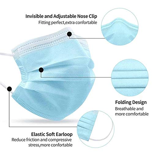 TBOC Protección Facial Desechable - [Pack 100 Unidades] [Color Azul] Antipolen Antipolvo Ligera Suave y Transpirable con Pinza Nasal No Reutilizable