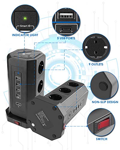 Te-Rich 18W Carga Rapida USB-C Enchufe Relgeta Vertical Torres Toma de Corriente 9 Regletas con 5 Puertos USB (1 USB-C e 4 USB-A) 3M Cable de protección contra sobrevoltaje y sobretensiones 2500W/10A