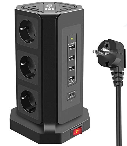 Te-Rich 18W Carga Rapida USB-C Enchufe Relgeta Vertical Torres Toma de Corriente 9 Regletas con 5 Puertos USB (1 USB-C e 4 USB-A) 3M Cable de protección contra sobrevoltaje y sobretensiones 2500W/10A