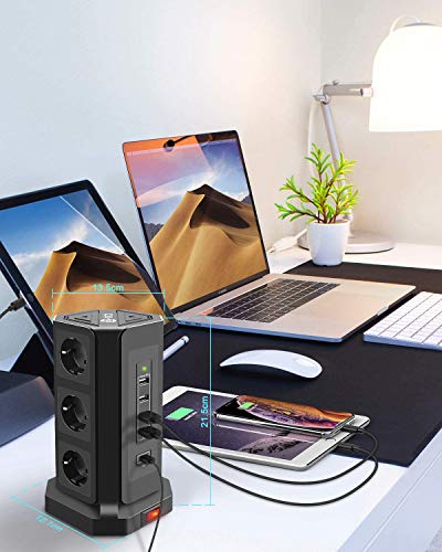Te-Rich 18W Carga Rapida USB-C Enchufe Relgeta Vertical Torres Toma de Corriente 9 Regletas con 5 Puertos USB (1 USB-C e 4 USB-A) 3M Cable de protección contra sobrevoltaje y sobretensiones 2500W/10A