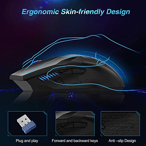 TECKNET Ratón Gaming Mouse Óptico Inalámbrico, Ratón para Juegos Programable, 2.4G Portátil con Receptor Nano, 8 Botones, 6 Niveles de dpi hasta 4800, para Trabajar, Juegos, Uso Diario, Negro