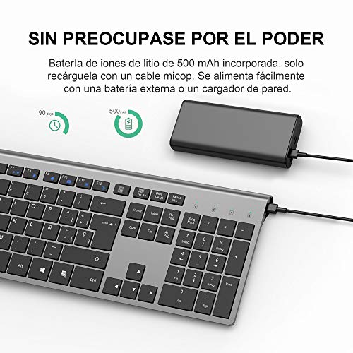 Teclado inalámbrico Recargable, JOYACCESS 2.4G QWERTY Teclado de tamaño Completo, Compacto, ergonómico Teclado para PC, Laptop, Mac y Smart TV, Compatible con Windows 10 / XP / 7/8 / Vista