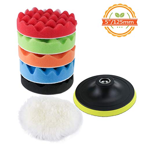 TedGem Kit de esponja de pulido con adaptador de taladro y almohadillas de cera de lana, juego de 6 almohadillas de pulir para coche, pulidor y depilación