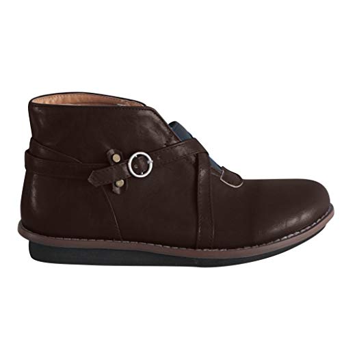 TEELONG - Zapatos de invierno para mujer de 2019, color sólido clásico, puntera redonda, casual, correa elástica, botas de tobillo cómodas, botas cortas, talla 4-7, color Marrón, talla 38.5 EU