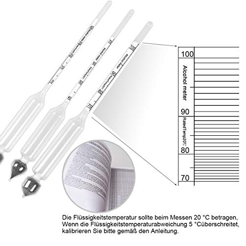 Tefeler Medidor de Alcohol de 3 Piezas Set de Densímetro Medidor de Concentración de Alcohol 0-100% Vinómetro de Alcohol + Termómetro + Probeta para Licores, Destilados, Whisky, Brandy, Vodka, etc