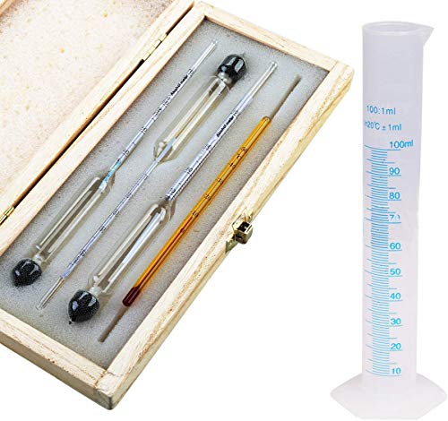Tefeler Medidor de Alcohol de 3 Piezas Set de Densímetro Medidor de Concentración de Alcohol 0-100% Vinómetro de Alcohol + Termómetro + Probeta para Licores, Destilados, Whisky, Brandy, Vodka, etc