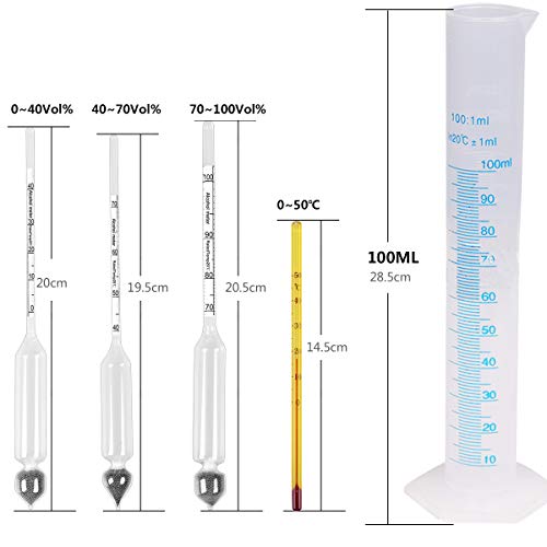 Tefeler Medidor de Alcohol de 3 Piezas Set de Densímetro Medidor de Concentración de Alcohol 0-100% Vinómetro de Alcohol + Termómetro + Probeta para Licores, Destilados, Whisky, Brandy, Vodka, etc