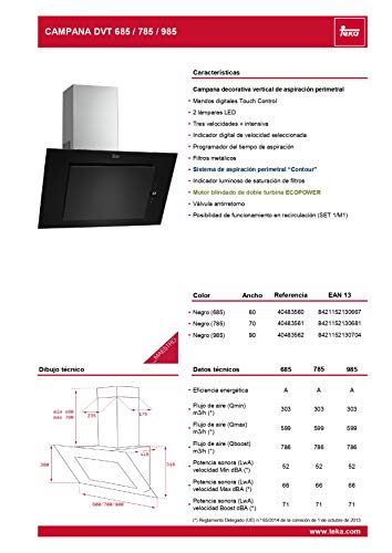 Teka DVT 685 De pared Negro 786m³/h A - Campana (786 m³/h, Canalizado/Recirculación, A, A, C, 52 dB), 41,8 x 60 x 78 cm