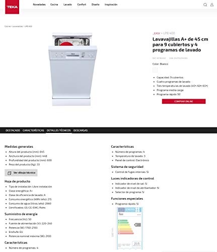 Teka LP8 400 Independiente, A+ lavavajilla - Lavavajillas (Independiente, Blanco, Slimline (45 cm), Blanco, Botones, 9 cubiertos)