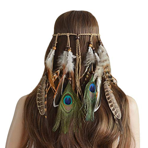 TENDYCOCO Indio de plumas diadema borla de cáñamo cuerda bohemio Hairband para mujeres niñas Festival tocado