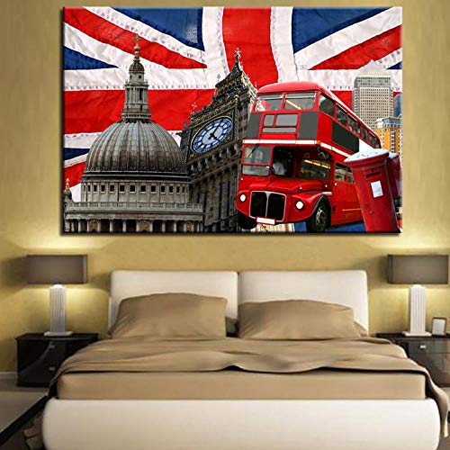 Terilizi Impresiones de la Lona Pintura Arte de la Pared de la Sala de Estar Red Bus Pictures London Flag of British with Big Ben Poster Home Decor-40 * 60cm-sin Marco