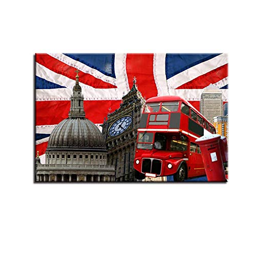 Terilizi Impresiones de la Lona Pintura Arte de la Pared de la Sala de Estar Red Bus Pictures London Flag of British with Big Ben Poster Home Decor-40 * 60cm-sin Marco