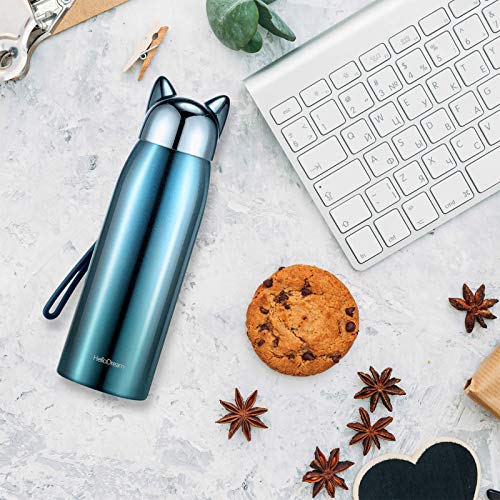 Termo de Gato Lindo Botella de Agua de Acero Inoxidable Botella Térmica Aislada Termo de Vacío Lindo de Viaje para Mujeres y Niños (Verde Jaspe)
